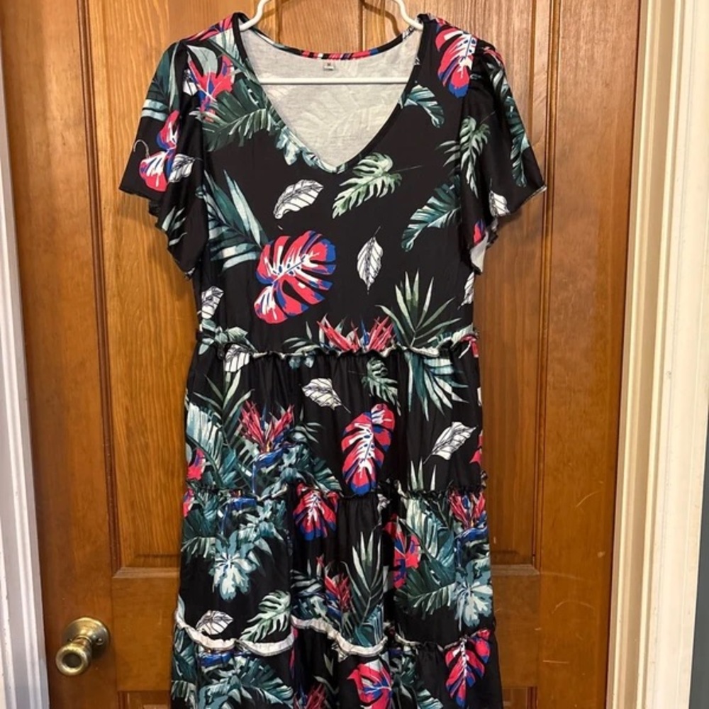 Floral V-Neck Tiered Dress in Black with Pink & Green Leaves